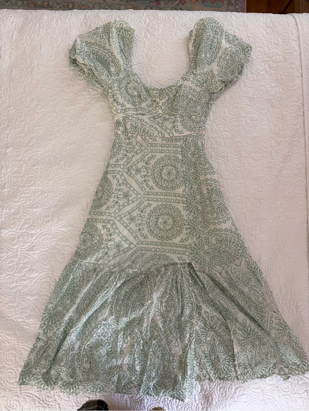 mink pink light green embroidered puff sleeve princess midi dress